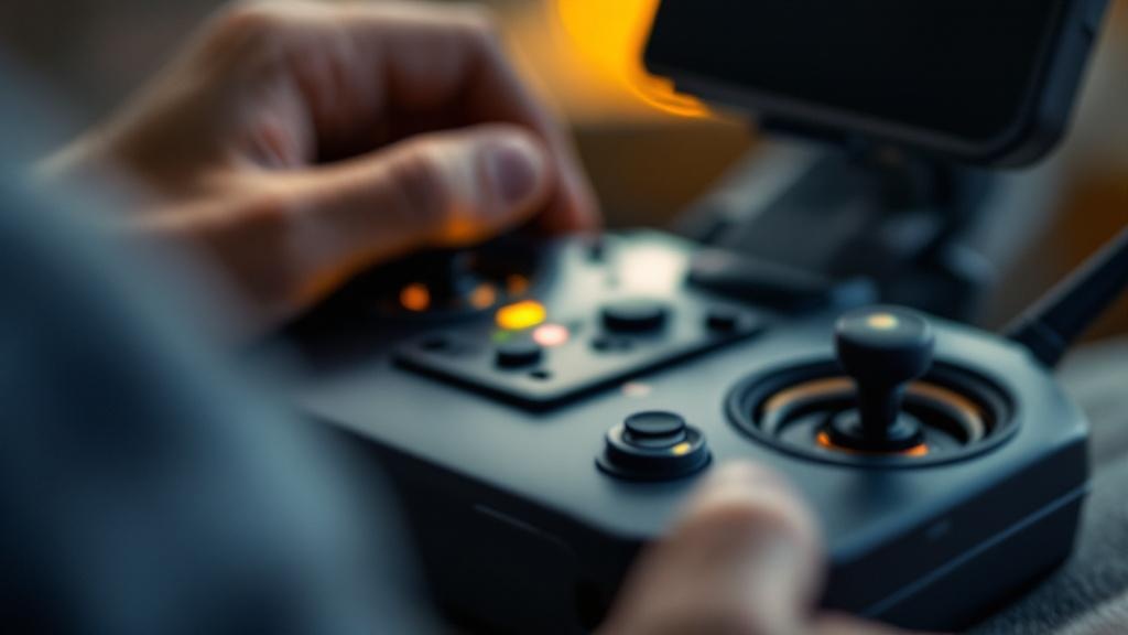 Nahaufnahme eines FPV-Senders (Fernsteuerung) mit den Händen eines Piloten, der die Sticks präzise bedient.