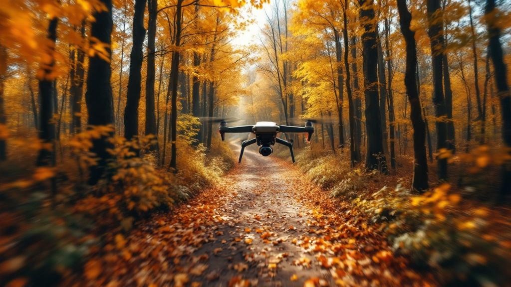 FPV Drohne fliegt durch einen Waldpfad, Herbstlaub, dynamische Perspektive