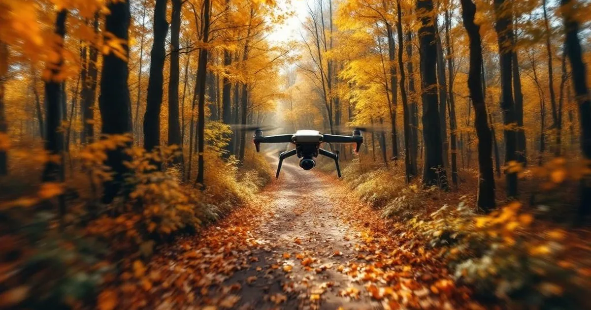 FPV Drohne fliegt durch einen Waldpfad, Herbstlaub, dynamische Perspektive