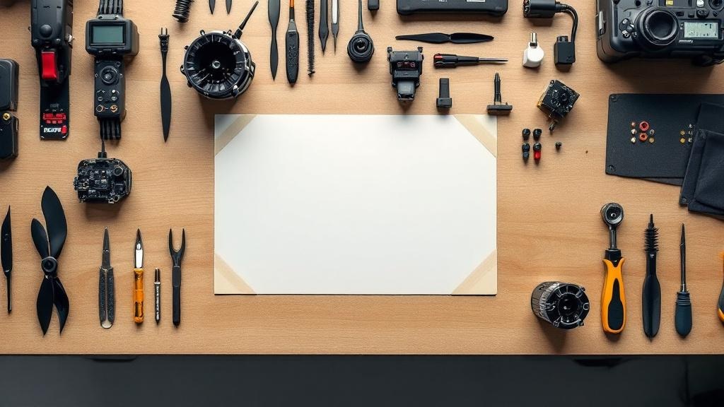 Verschiedene FPV-Drohnen-Komponenten und Werkzeuge auf einem sauberen Arbeitstisch