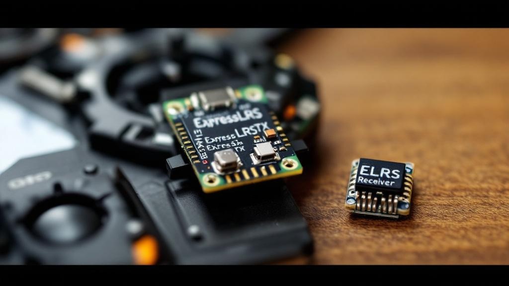Ein FPV-Sender mit einem aufgesteckten ExpressLRS-Sendemodul, daneben ein kleiner Empfänger.